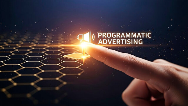 Programmatic Advertising digital concept with finger touch.