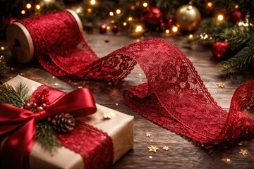 Naklejka premium Red lace ribbon as a festive accessory for wrapping gifts and holiday decoration