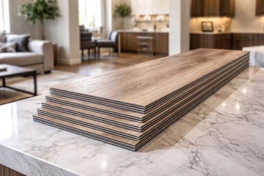stack of premium vinyl floor tiles resting on glossy white marble surface in home design