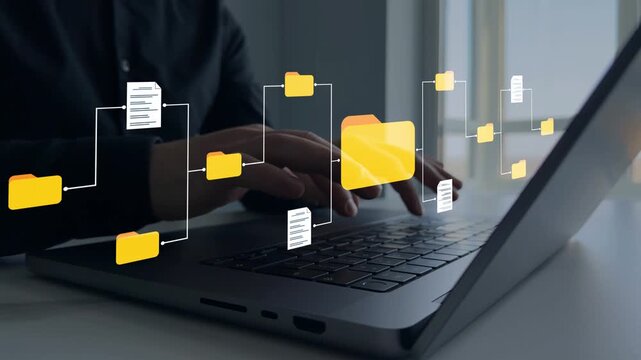 Modern technology concept showing secure storage, easy access and streamlined workflow in a paperless. Efficient digital document management system for organizing files, archives and data.	
