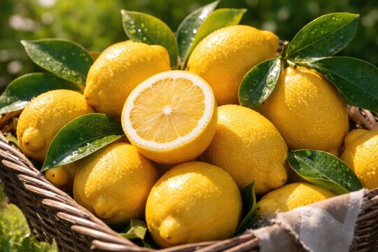 Lemons freshly picked with vibrant leaves and a lemon slice