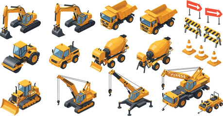 Isometric vector illustration set of heavy construction machinery vehicles including excavators dump trucks concrete mixers cranes and road rollers with safety equipment isolated on white background. © Aminul