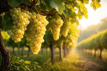 Naklejka premium Bright white grapes growing on healthy vineyard vines with space for text