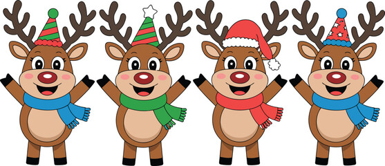 Four cheerful reindeer with party hats and scarves Vector © MDIMRAN
