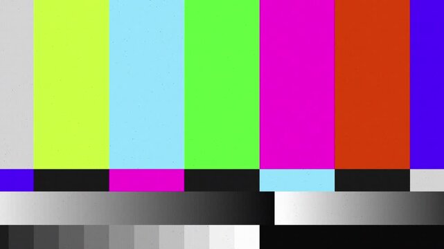 Retro television color bars test screen with analog noise and broadcast glitch texture, vintage media background with signal calibration concept