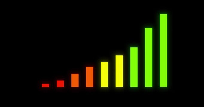 Colorful glowing equalizer bars rising on dark background, abstract audio visualization with dynamic motion, music energy, and digital sound concept