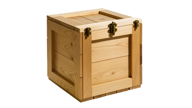 Wooden storage crate with metal latches, isolated on transparent background
