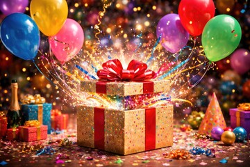 Naklejka premium Celebration setup with colorful balloons and a gift box bursting with festive charm