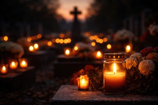 Warm candle flames glowing in a cemetery on a Catholic holiday with copy space