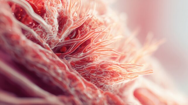 Close-up of Muscle Fiber Detail: An extreme macro view showcases the intricate texture and striations of muscle fibers, revealing the organic complexity of biological tissue.