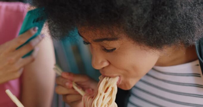 Woman, eating and vlog with phone in restaurant, content creation or food challenge for social media. Influencer, meal and recording dare with mobile, friends and people with smile for video in shop