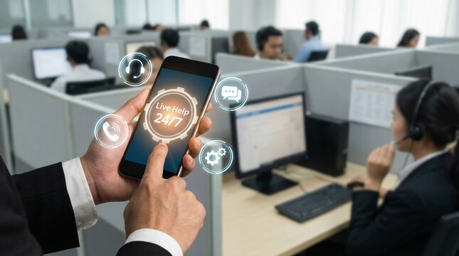 24/7 Customer Service. Concept of global support using a smartphone. 