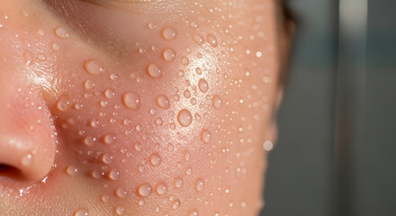 Fototapeta premium Extreme close-up of sweat or water droplets on human skin during physical exertion