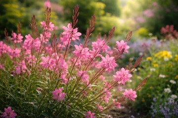 Obraz premium Bright pink gaura flowers flourishing amidst verdant plants in spring botanical garden
