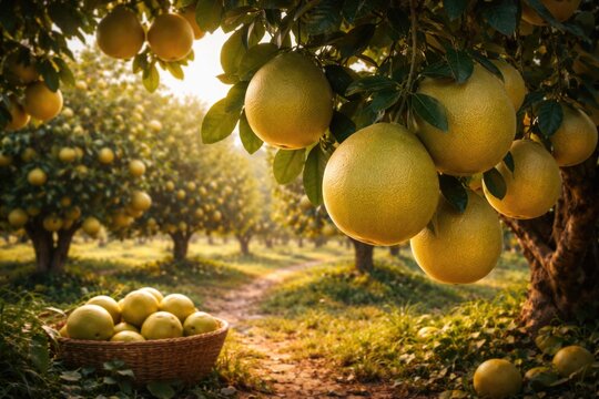 Pomelo fruits ripe on branches in a flourishing orchard representing traditional food and cultural luck on Earth Day