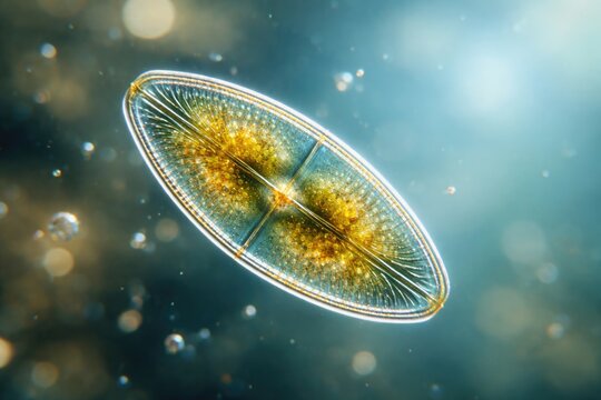 Microscopic image showing a lively diatom cell with blurred copy space background