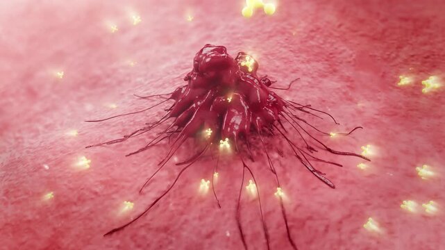 Drug molecules remove tumors and inhibit cancer cell growth. Using radiotherapy, chemotherapy, and targeted drug treatments to eliminate tumors and polyps. 3D animation.