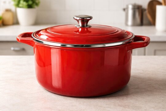 Shiny red pot for kitchen use posed on a plain unobtrusive background
