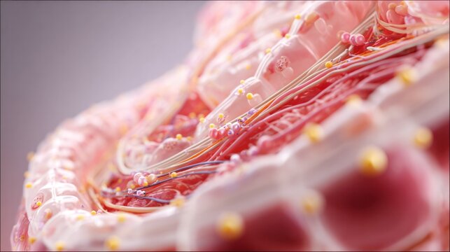 3D Render of Human Intestine Anatomy: An intricate 3D rendering showcases the complex structure of the human intestine, highlighting the muscular walls, nerve endings.