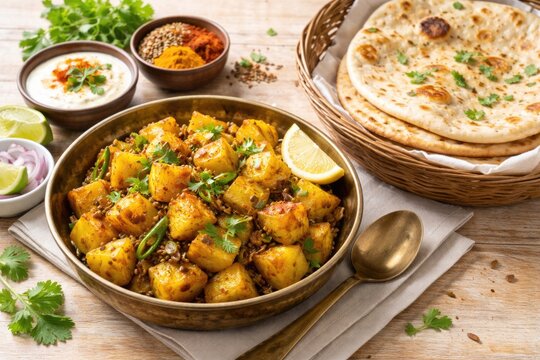 Traditional Jeera Aloo stir fry accompanied by Indian flatbread on bright wood background