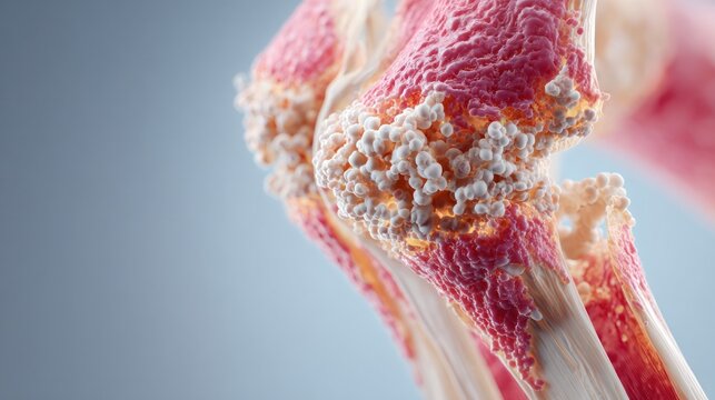 Osteoarthritis depiction: A detailed medical illustration showcasing the complexities of osteoarthritis, highlighting the degradation of joint cartilage and bone changes