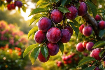 Naklejka premium Mature red plums ready to pick from a tree in a colorful garden