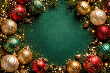 Naklejka premium Seasonal glass ornaments on an emerald green festive background with copy space