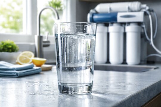 Transparent water in a drinking glass with background of a domestic purification system