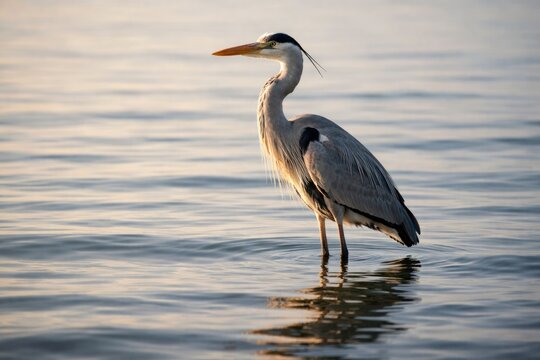 Peaceful gray heron standing tall on gentle rippling water surface