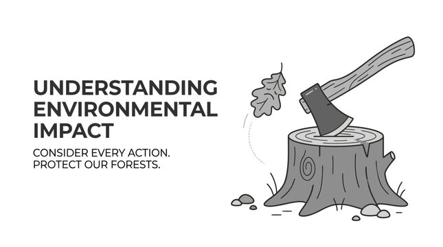 Illustration of a tree stump and axe representing deforestation and environmental impact.