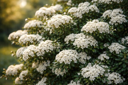Outdoor shrub showcasing clusters of white firethorn blooms