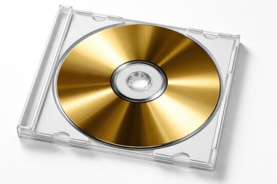 Polished golden music CD inside a white plastic jewel case isolated