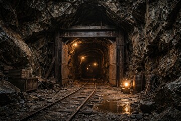 Fototapeta premium Deep mine portal framed by natural rock formations