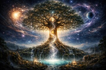 Fototapeta premium Mythical tree of life showing connection between earth realms and cosmic forces