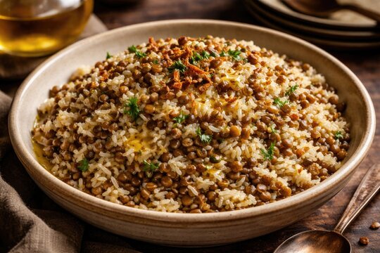 Savory lentils and rice recipe enriched with clarified butter for comfort