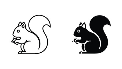 Cute squirrel holding acorn vector icon set featuring line art and solid black silhouette for wildlife and forest nature design projects © Eastern