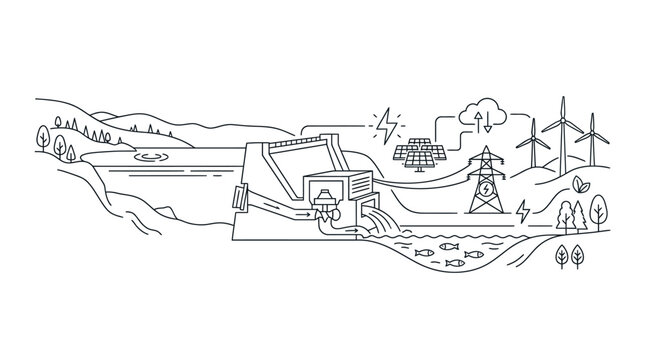 Hand drawn line art illustration of a renewable energy hydroelectric dam power plant.