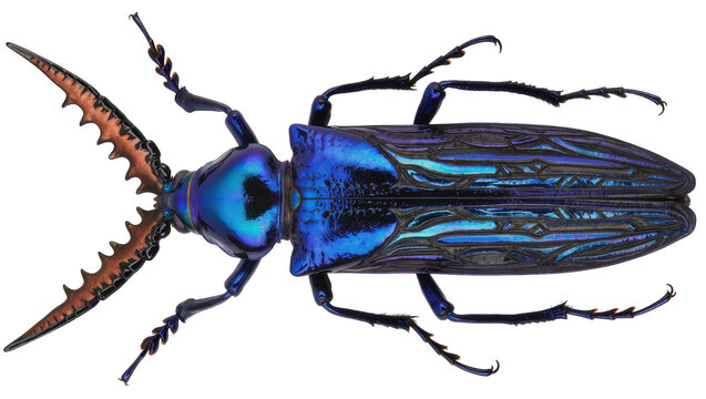 Iridescent blue jewel beetle with serrated mandibles, isolated on transparent background