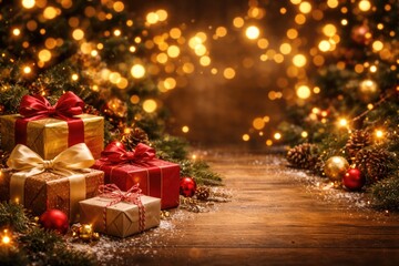 Naklejka premium Warm holiday backdrop with shining lights and holiday gifts designed with copy space for design