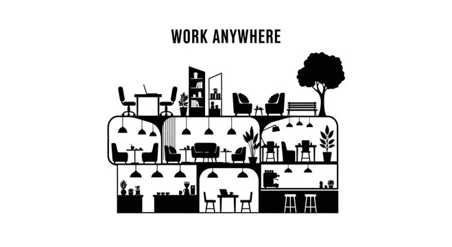 Black and white silhouette illustration of a modern co-working office space.