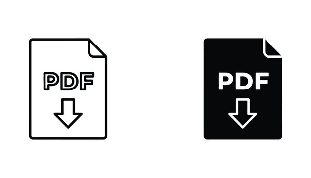 Digital file download icon set featuring PDF label with outline and solid black silhouette styles for document management web user interfaces