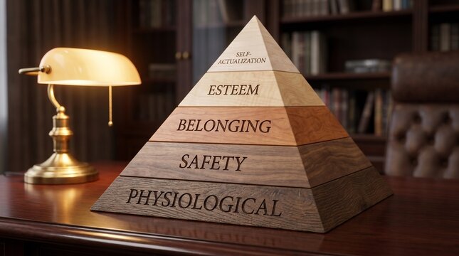 Maslow's Hierarchy of Needs wooden pyramid 3D render on a polished desk in a classic office setting
