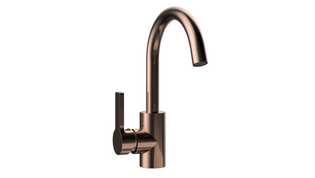 Modern copper kitchen faucet with single lever handle, isolated on transparent background