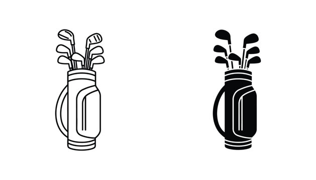 Golf club bag icon set in clean outline and solid black style for sports equipment and club branding