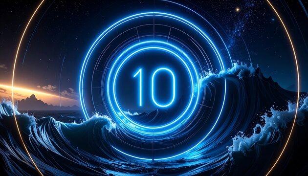 Number '10' glows within blue neon circles over crashing waves at the ocean's edge, as dusk approaches