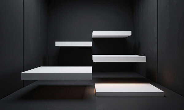 Floating Platforms Space. An empty, dark void where several large, rectangular white platforms float at different heights and angles. Each