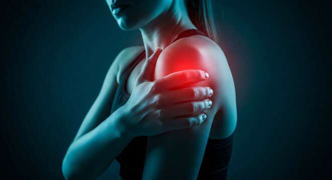 Woman Experiencing Sharp Shoulder Pain with Red Highlight on Injury Spot in Dark Blue Tones