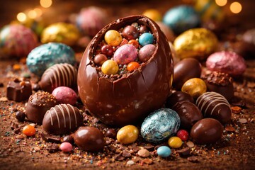 Naklejka premium Yummy Easter chocolate egg accompanied by a selection of sweet chocolates