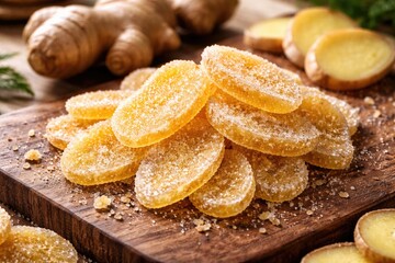 Fototapeta premium Fresh sliced candied ginger root alternative snack with natural sweetness
