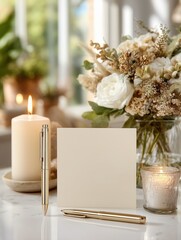 Obraz premium Romantic Stationery Mockup with Blank Card Flowers and Candlelight